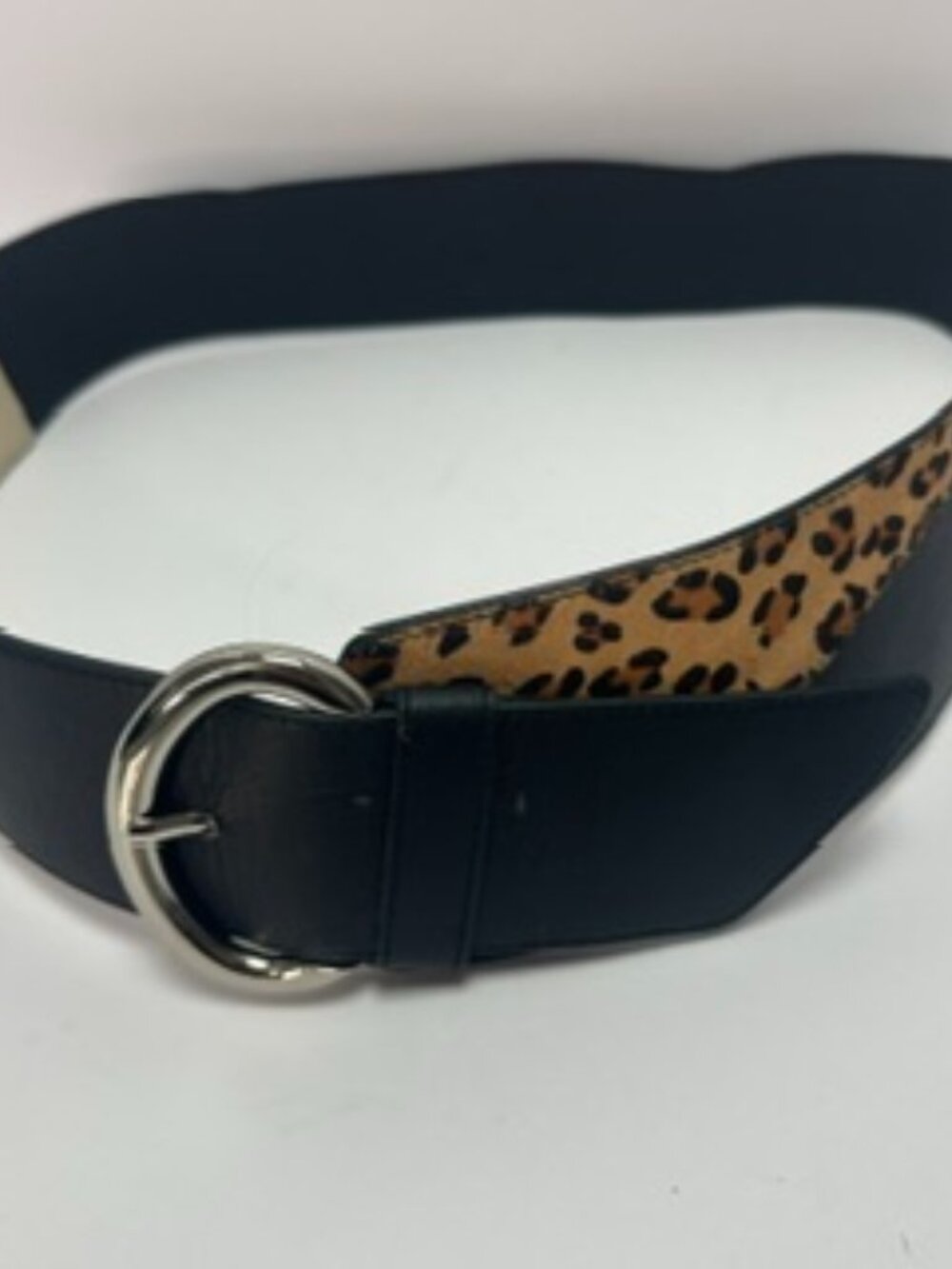 Chicos Women's Wide Leather Calf Hair Stretch Belt Large Leopard Print